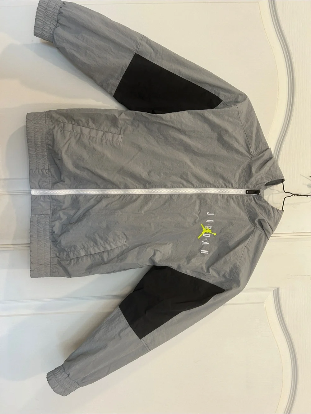 Jordan Gray and Black Hooded Windbreaker with Neon Accent